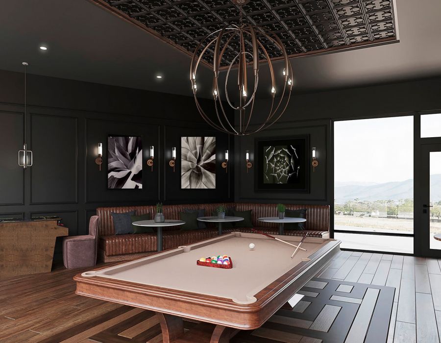 Rendering of speakeasy amenity with pool table and large doorway opening outside