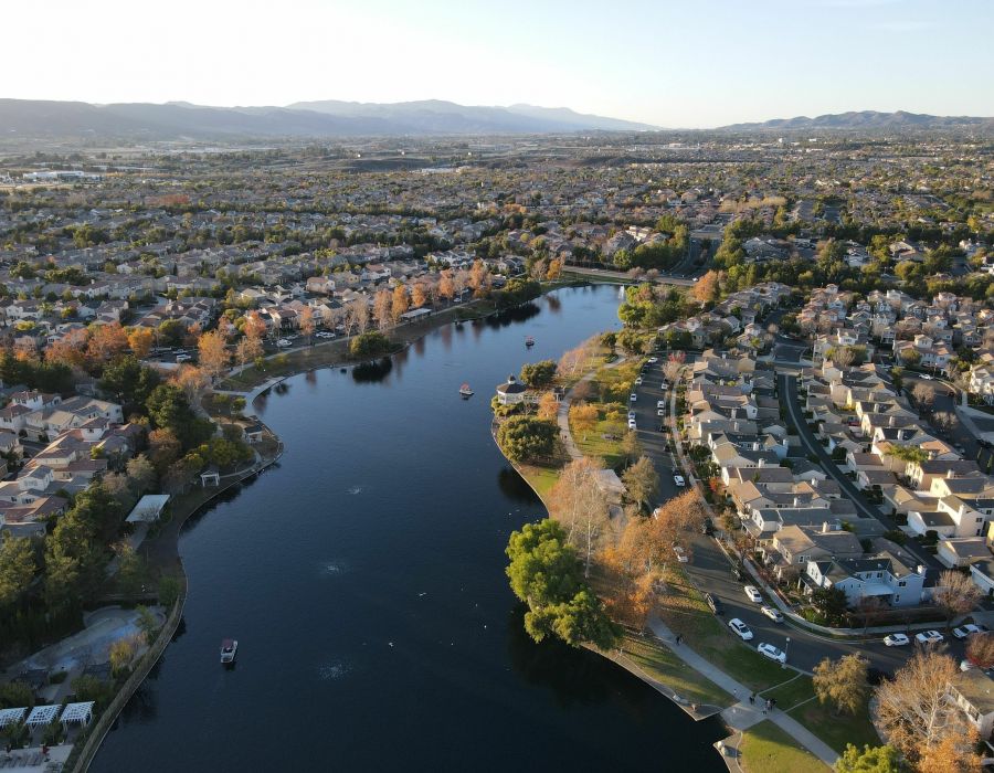 Aerial view of the Harveston Lake Park in Temecula, California, United States