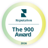 A circular badge reads "Reputation The 900 Award 2026" with a green and yellow gradient border.