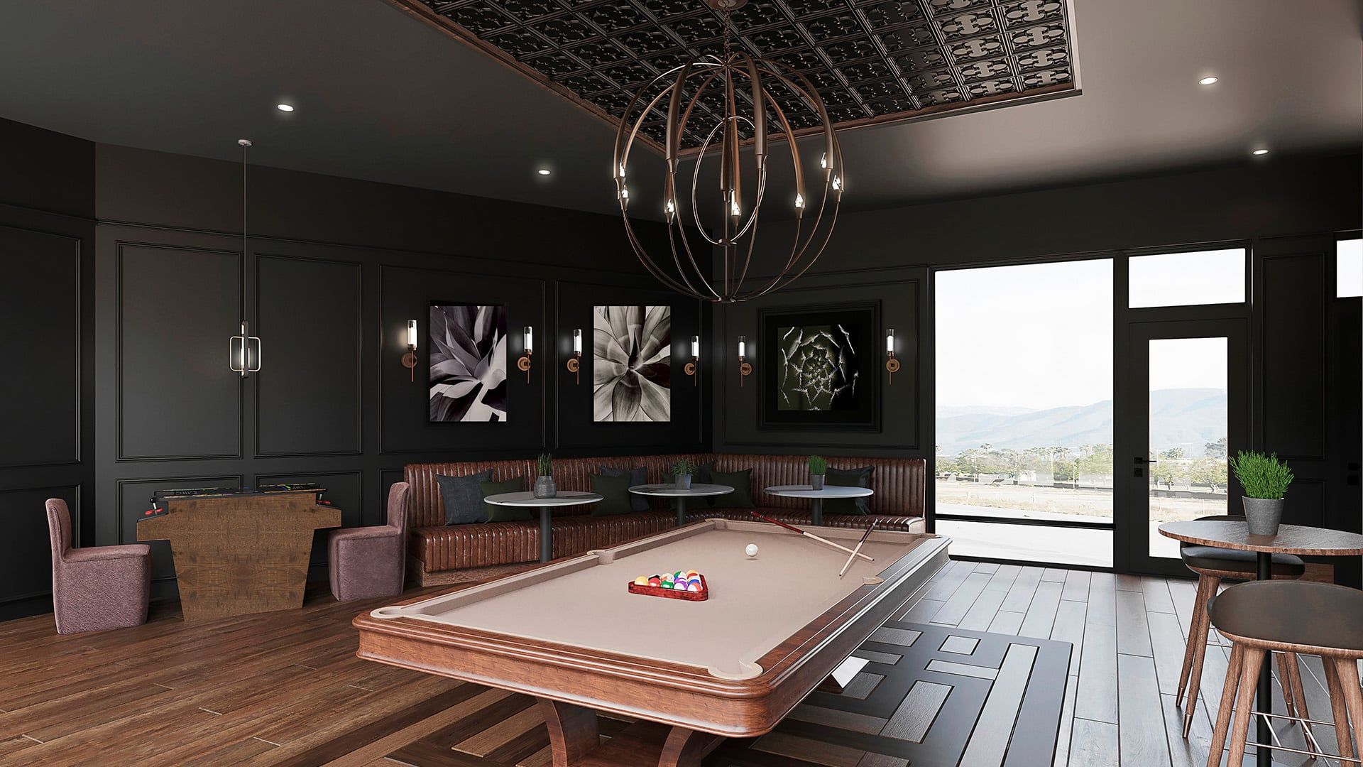 Rendering of speakeasy amenity with pool table and large doorway opening outside